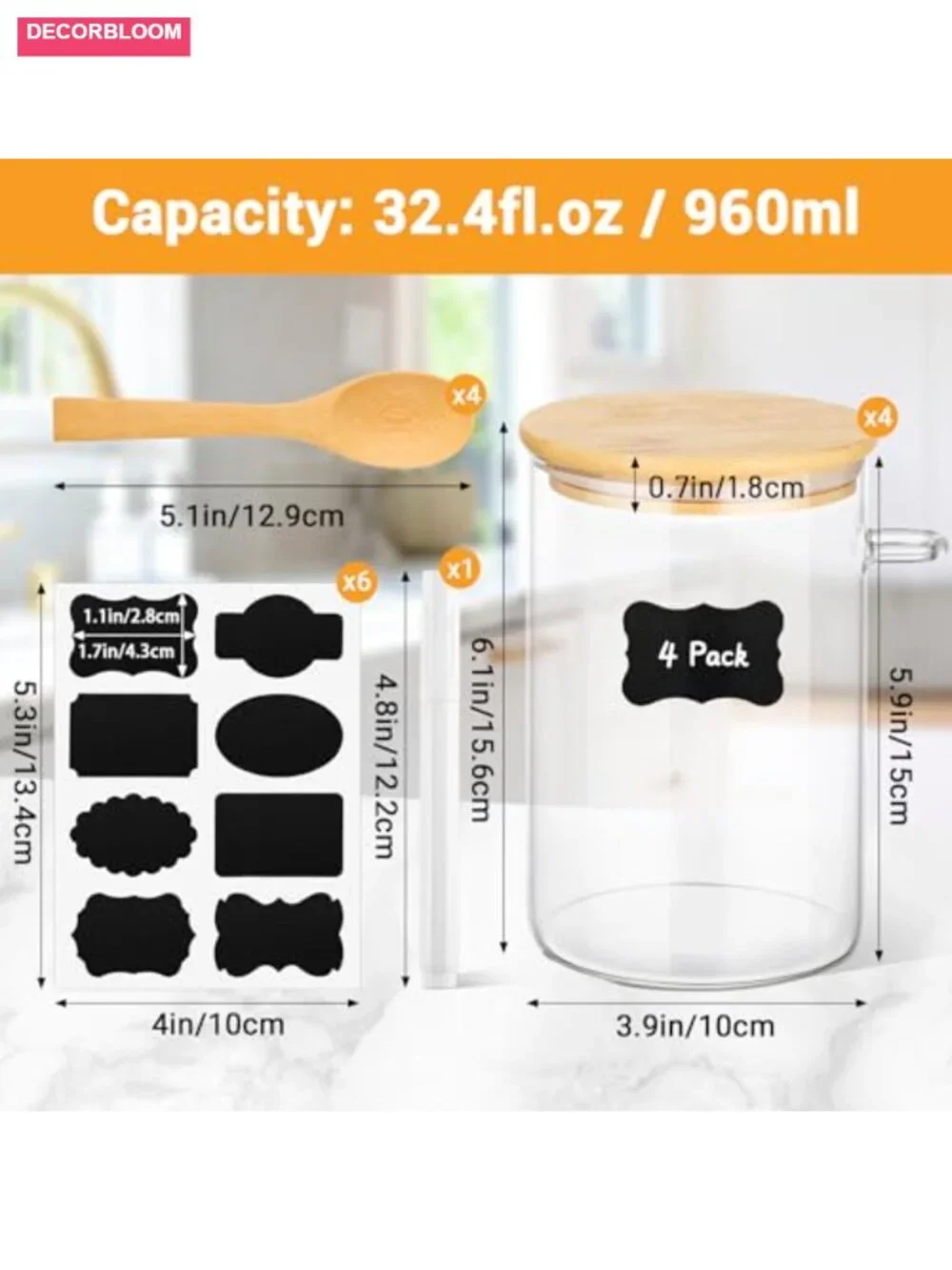 4 Pack Glass Food Storage Jars with Bamboo Lids & Spoons